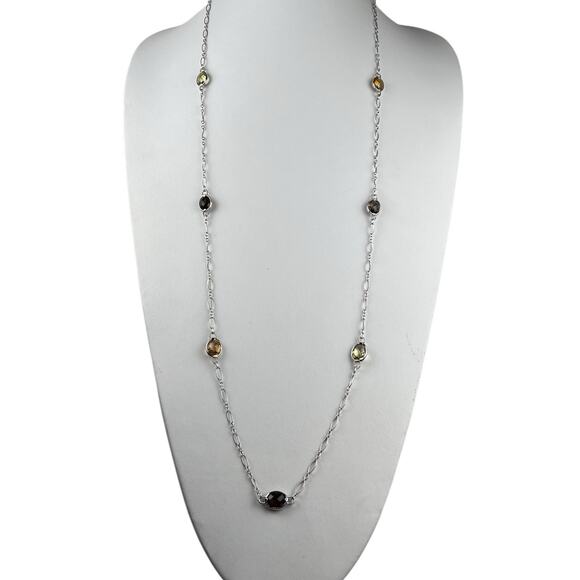 Colore SG Sterling Silver Necklace 36" Gemstone Stations Citrine Smoky Quartz - Picture 1 of 10